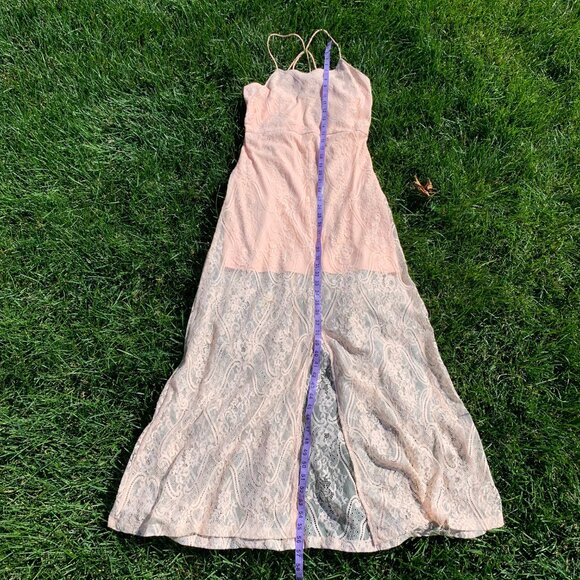 Vintage Hand Sewn Peach Sheer Lace Maxi Dress Long Gown - Picture 13 of 16